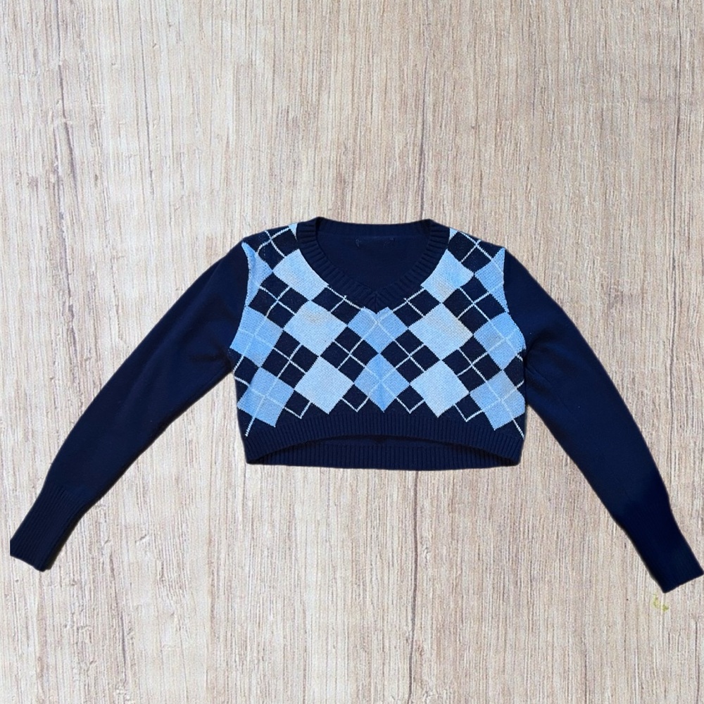 Preppy Coquette Cropped Blue Argyle Sweater